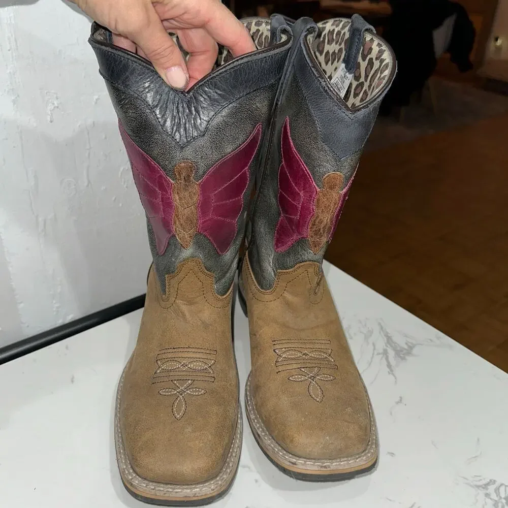Smoky Mountain Youth Unisex Riley Leather Brown/Pink Boots, Size 7Y, EUC